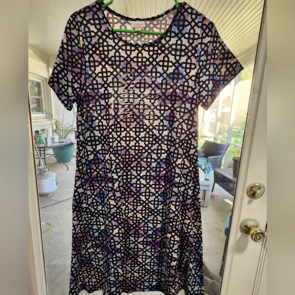 LulaRoe medium purple, blue and black dress with pockets